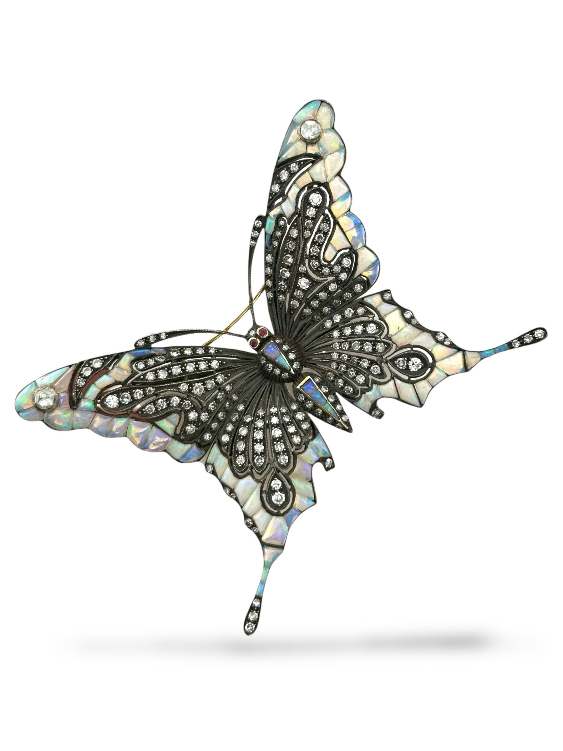 18K Yellow Gold Large Butterfly Brooch with Diamonds, Opals and Ruby Eyes Signed Art Deco