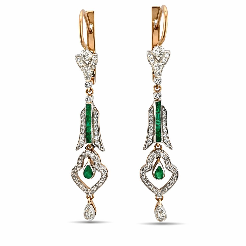 Imperial Russian 14K Rose Gold 1.7ct Diamond and Emerald Earrings
