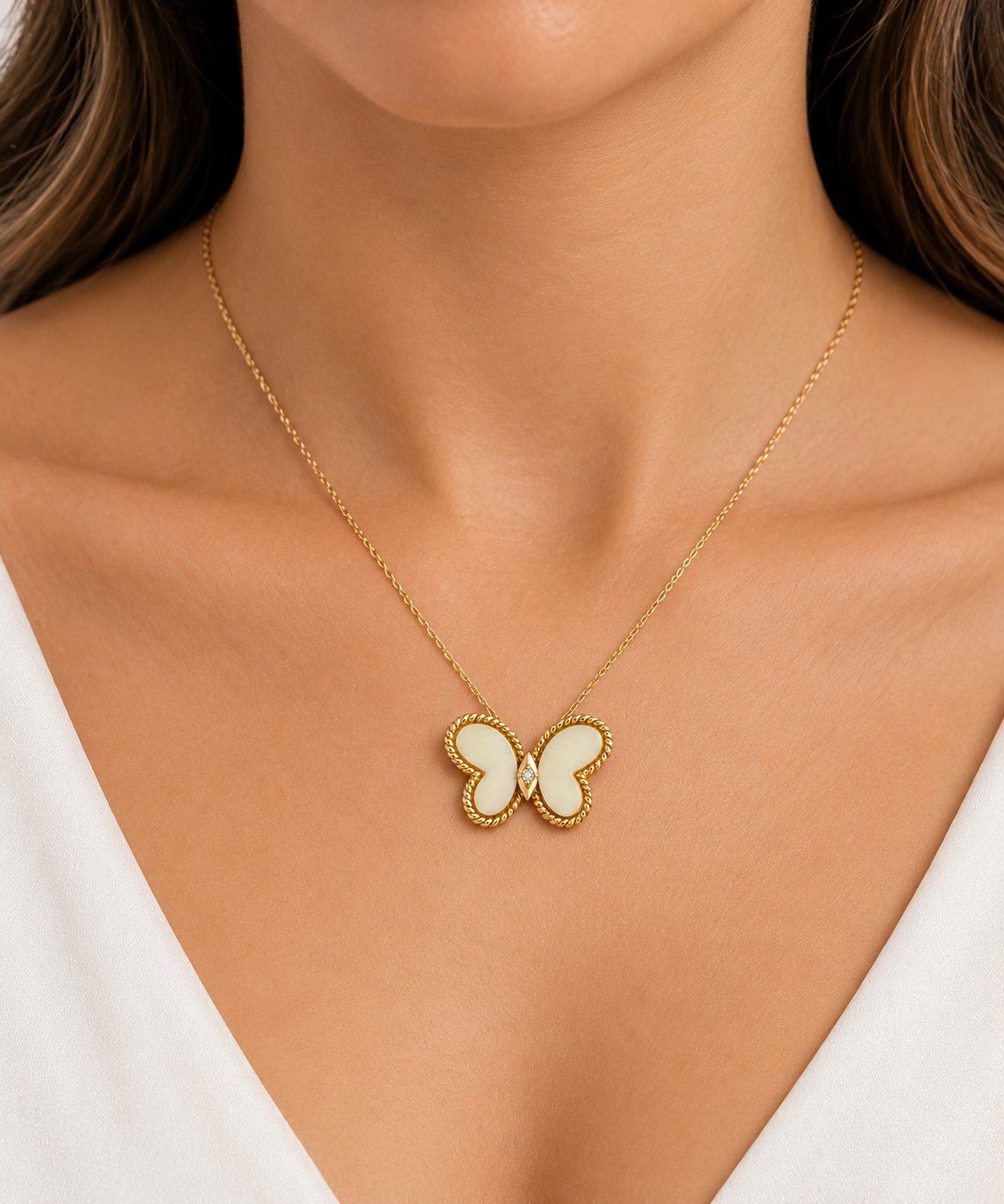 14K Yellow Gold Diamond and White Coral Butterfly Pendant