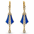 Gold-tone dangle earrings with blue enamel fan drops and round diamond accents