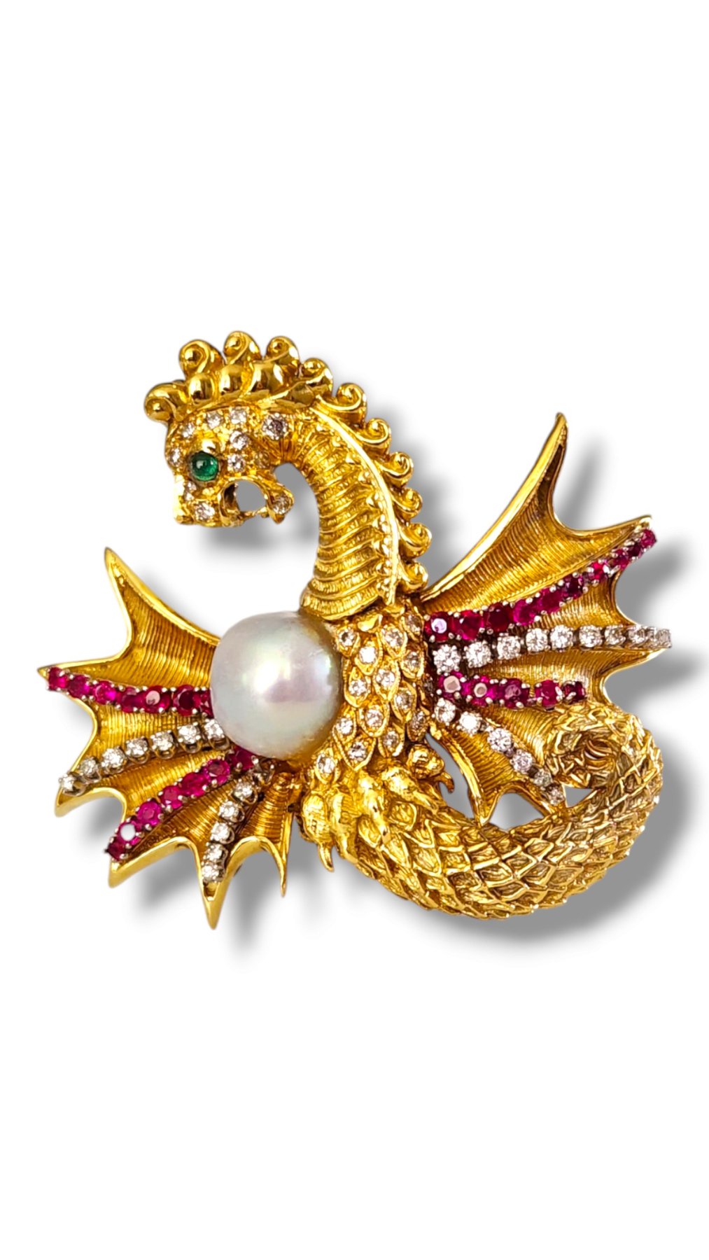 Brooch - 18 kt. Yellow gold, Gorgeous 18k Gold Diamond Sapphire Dragon large Brooch Pin