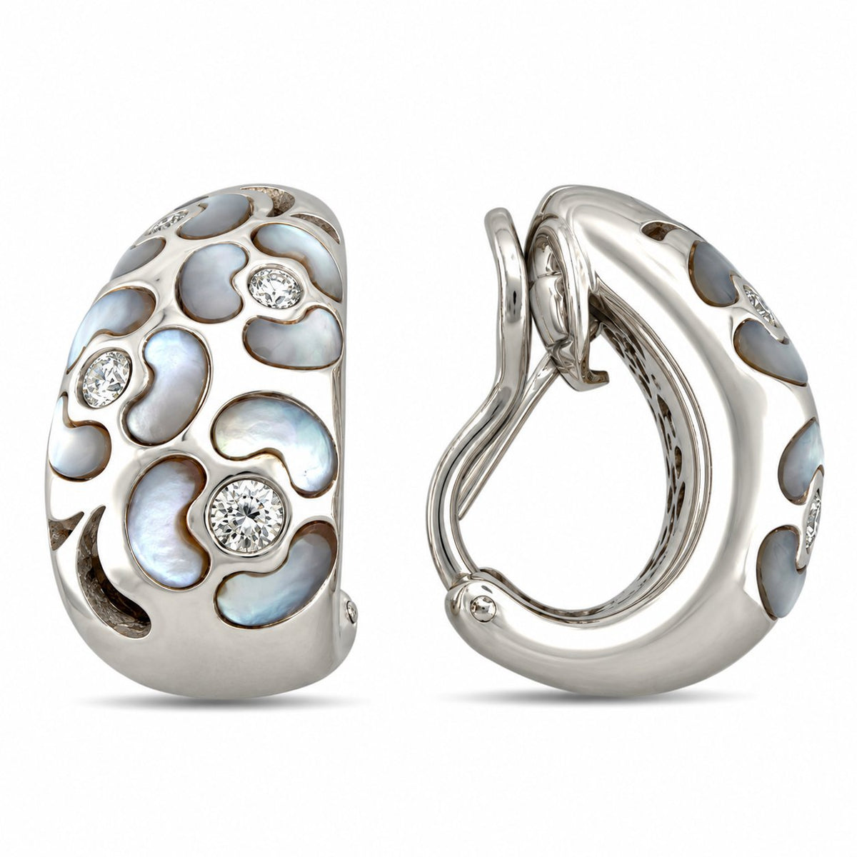 Sculptural opal and diamond clip-on earrings, shown with the hinged clasp open