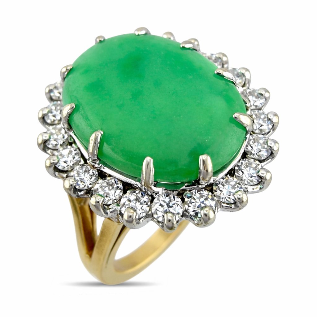 14K Yellow Gold 5.25ct Jade and 0.55ct Diamond Halo Ring