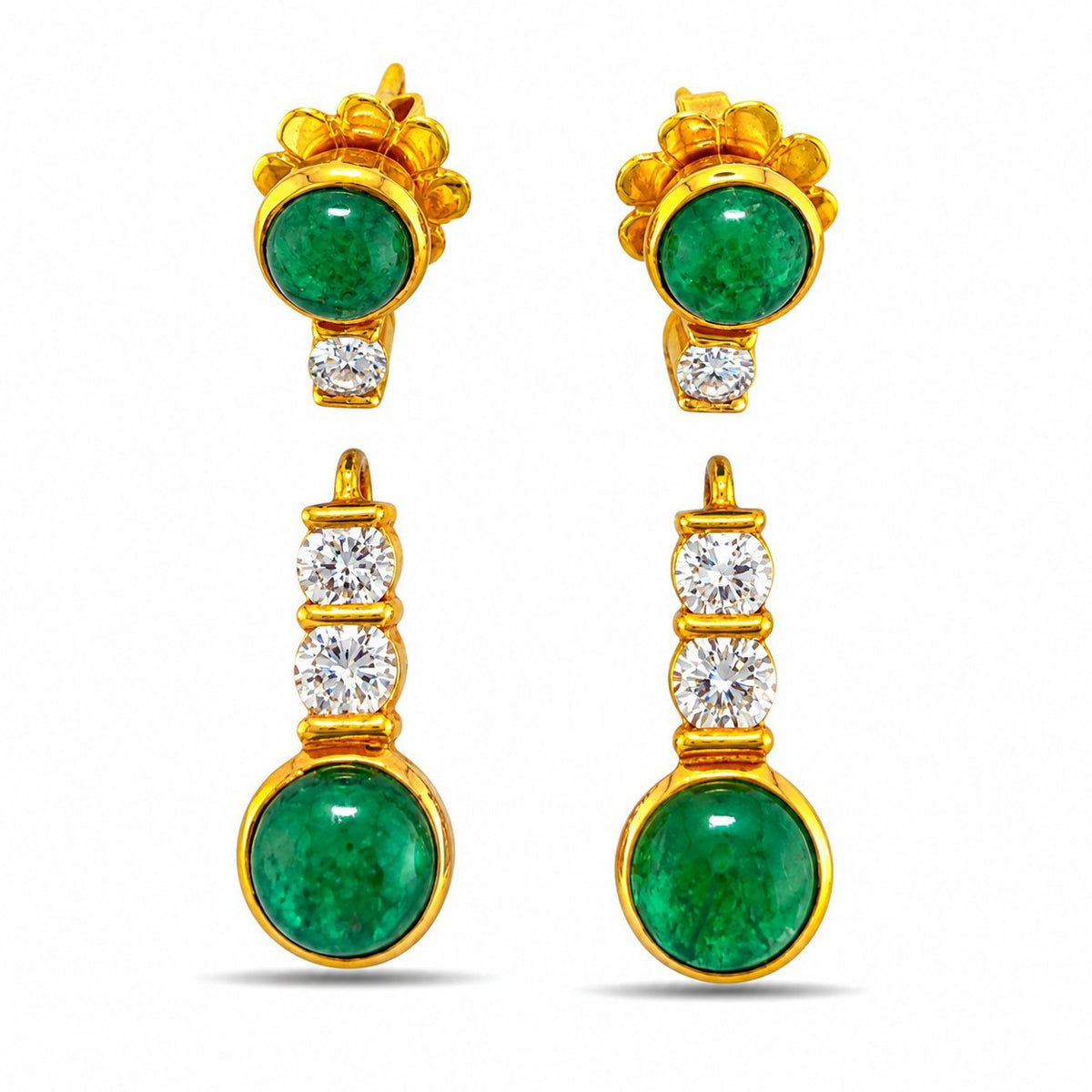 Convertible 18K yellow gold emerald and diamond drop earrings, shown as studs and drops