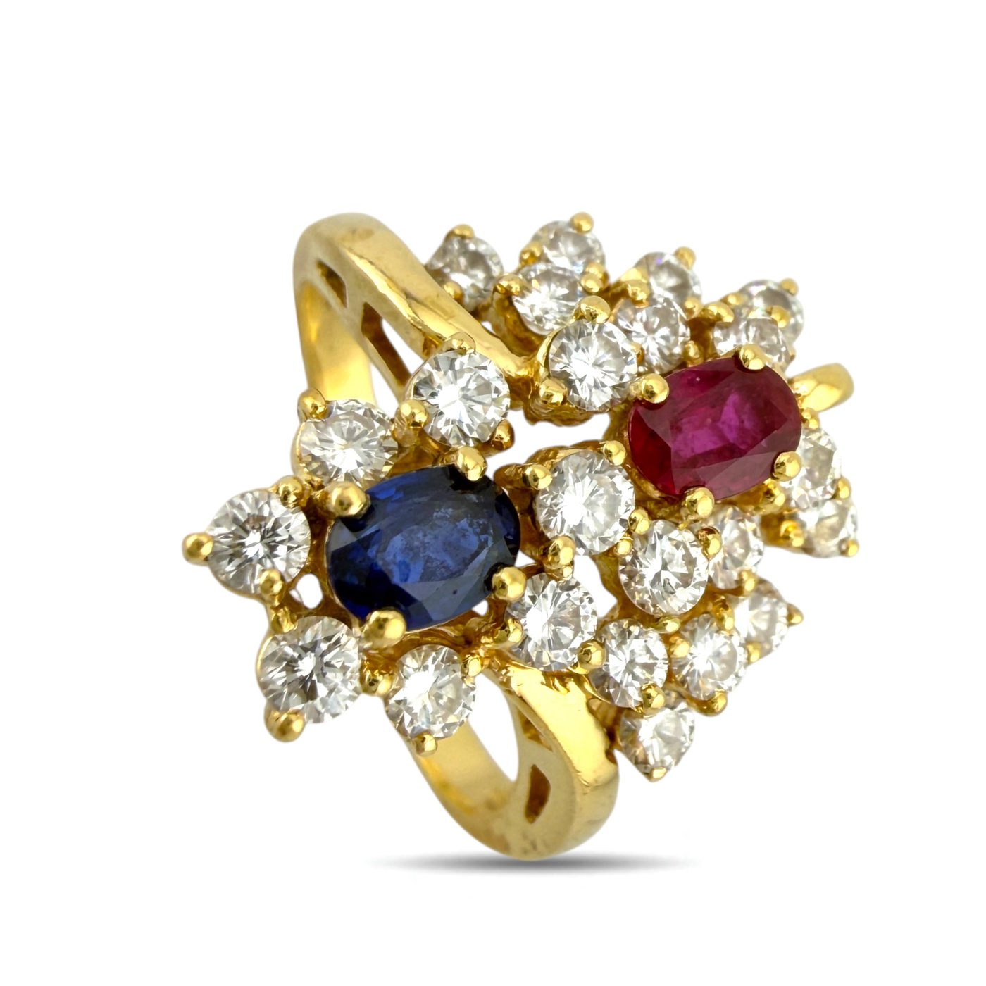 18K Yellow Gold Ruby Sapphire and Diamond Ring
