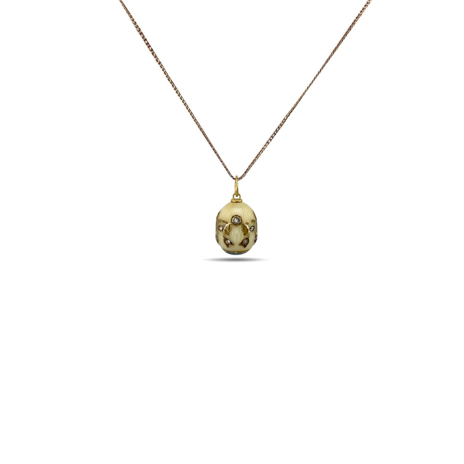 Antique Russian 14K Yellow Gold, Blue and White Enamel 0.3ct Diamond Egg Pendant