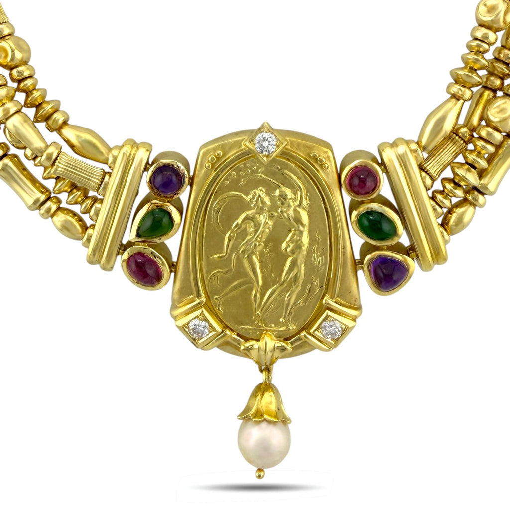 18K Yellow Gold Multi-Gemstone Sculptural Necklace