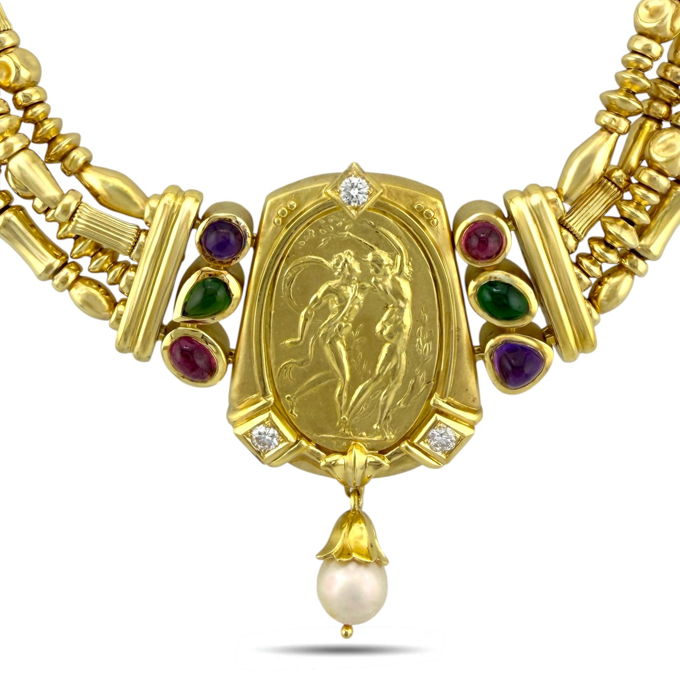 18K Yellow Gold Multi-Gemstone Sculptural Necklace