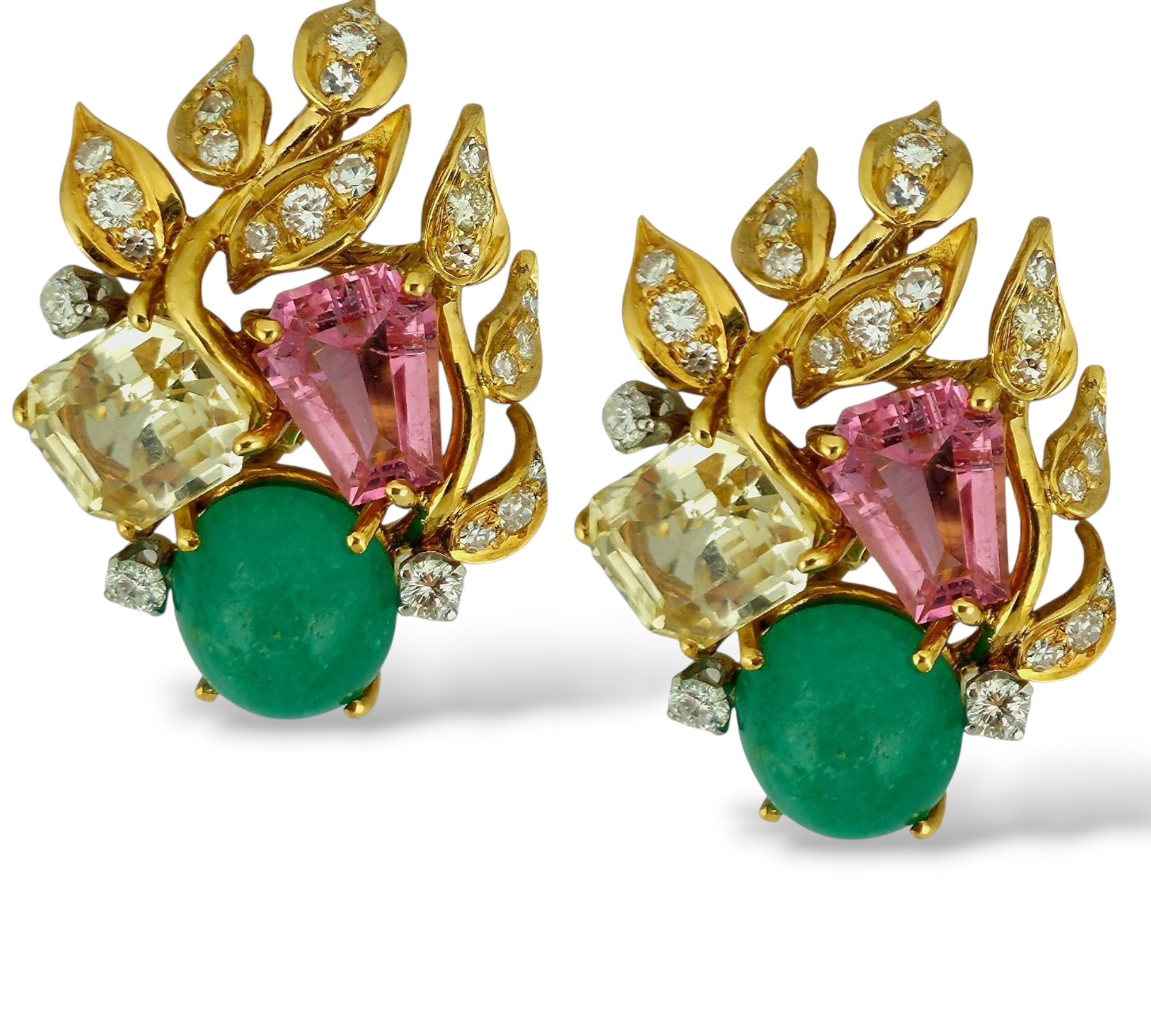 David Webb 18K Yellow Gold Emerald and Tourmaline Earrings 13.18ct