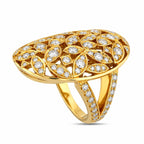 Yellow gold oval statement ring with marquise diamond clusters and prong settings