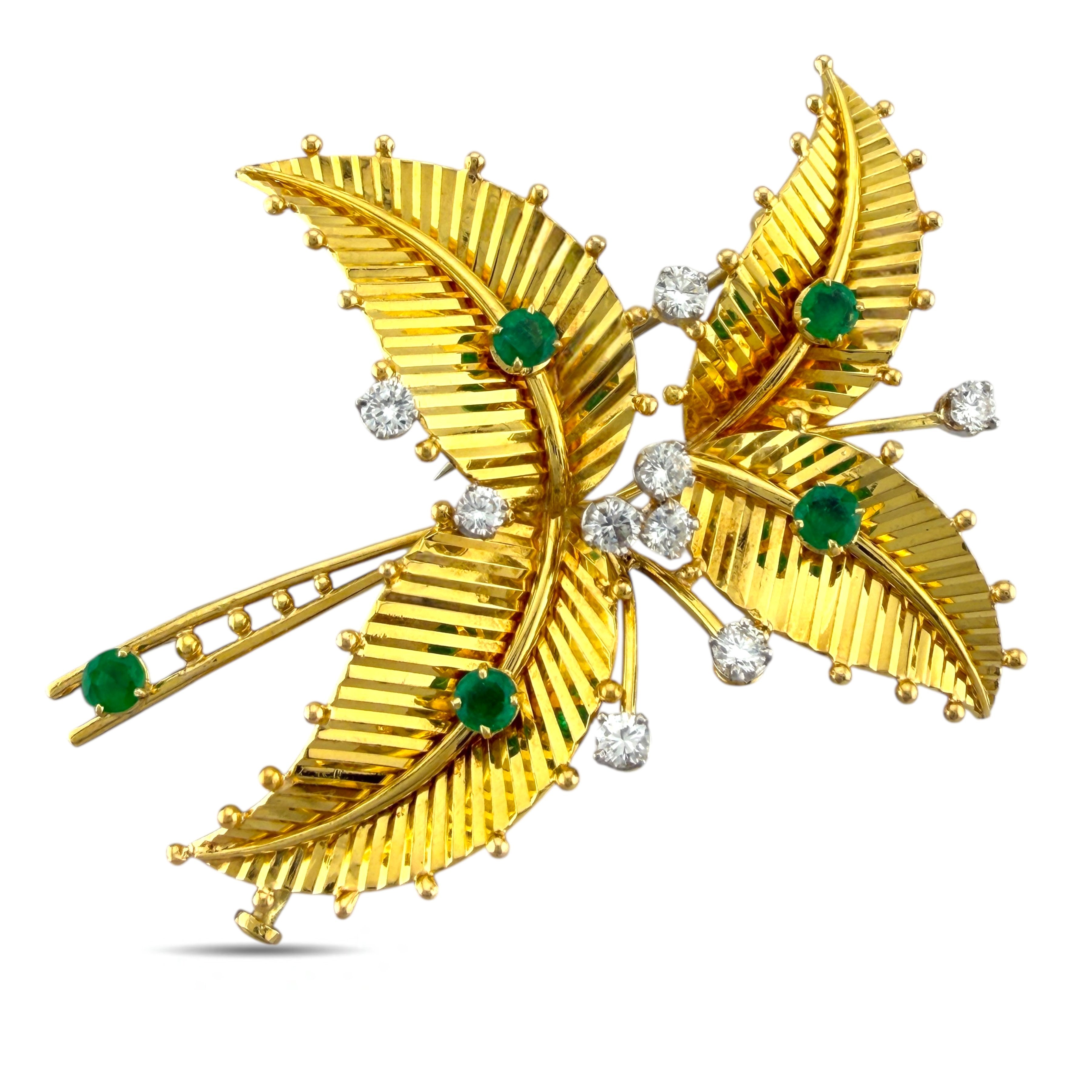 Brooch - 18 kt. Yellow gold, Exclusive Cartier 18K Yellow Gold 0.90ct Diamond & 0.90ct Emerald Palm Flower Brooch -  1.80ct. tw. Diamond (Natural)  - Emerald