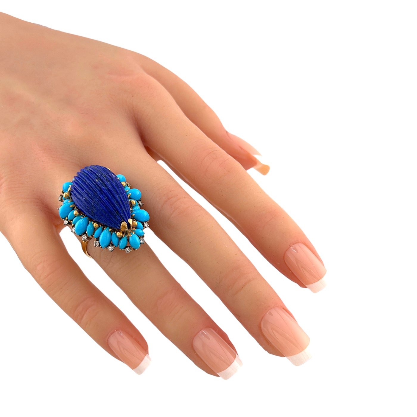 18K Yellow Gold Lapis Lazuli, Turquoise, and 0.27ct Diamond Cocktail Ring