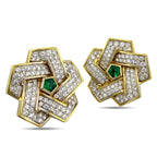 18K Yellow Gold Interlocking 7ct Diamond and Emerald Earrings