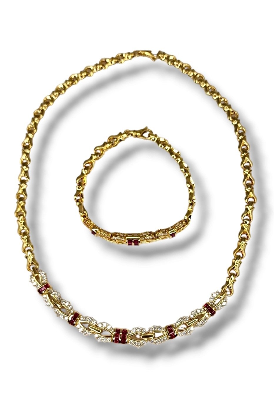 18K Gold Necklace and Bracelet Set with Diamonds and Rubies