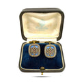 Faberge 14K yellow gold cufflinks with blue enamel, ruby and diamond, in case