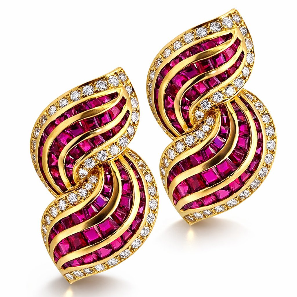 18K Yellow Gold 6ct Diamond and 5.4ct Ruby Earrings