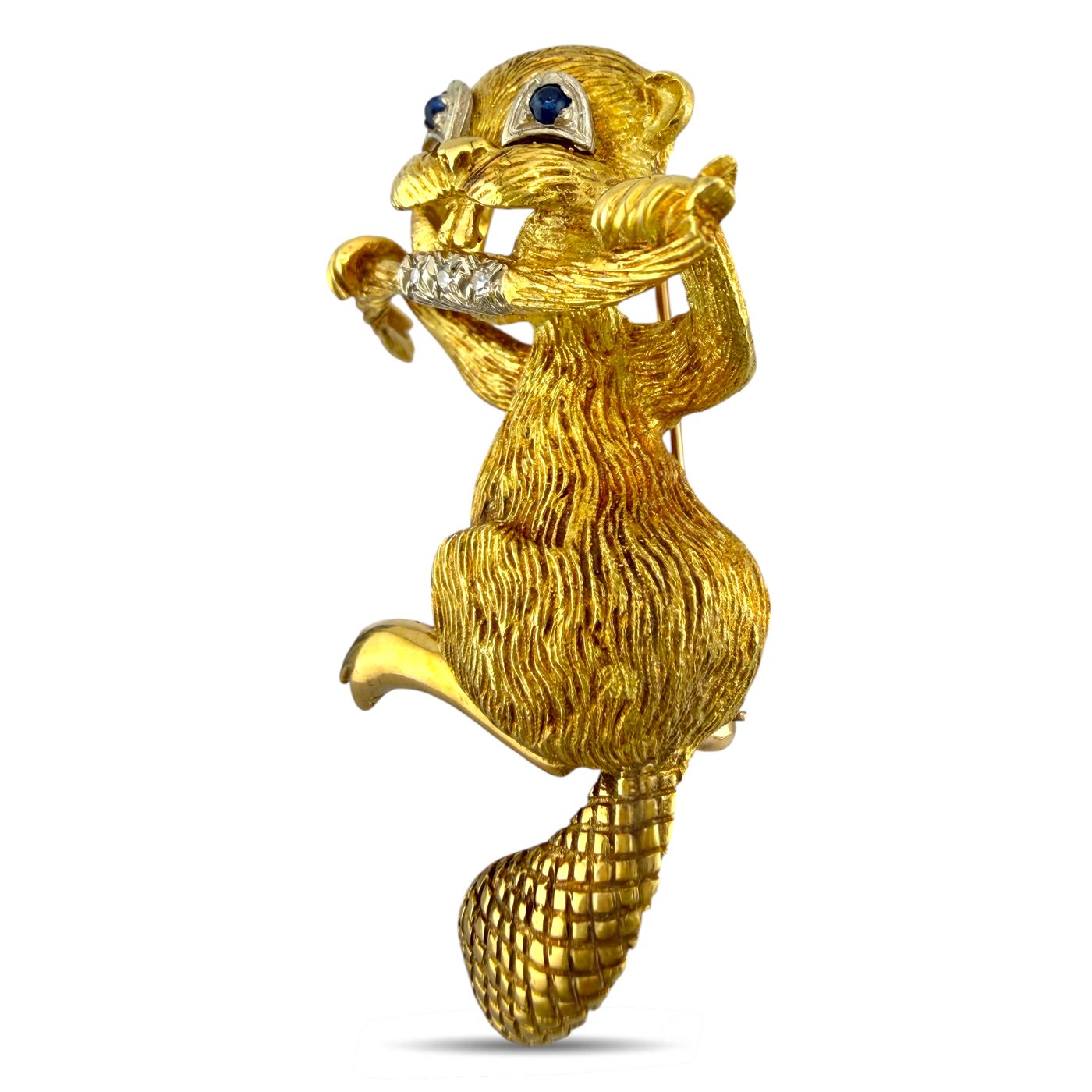 18K Yellow Gold 0.05ct Diamond and Sapphire Beaver Brooch