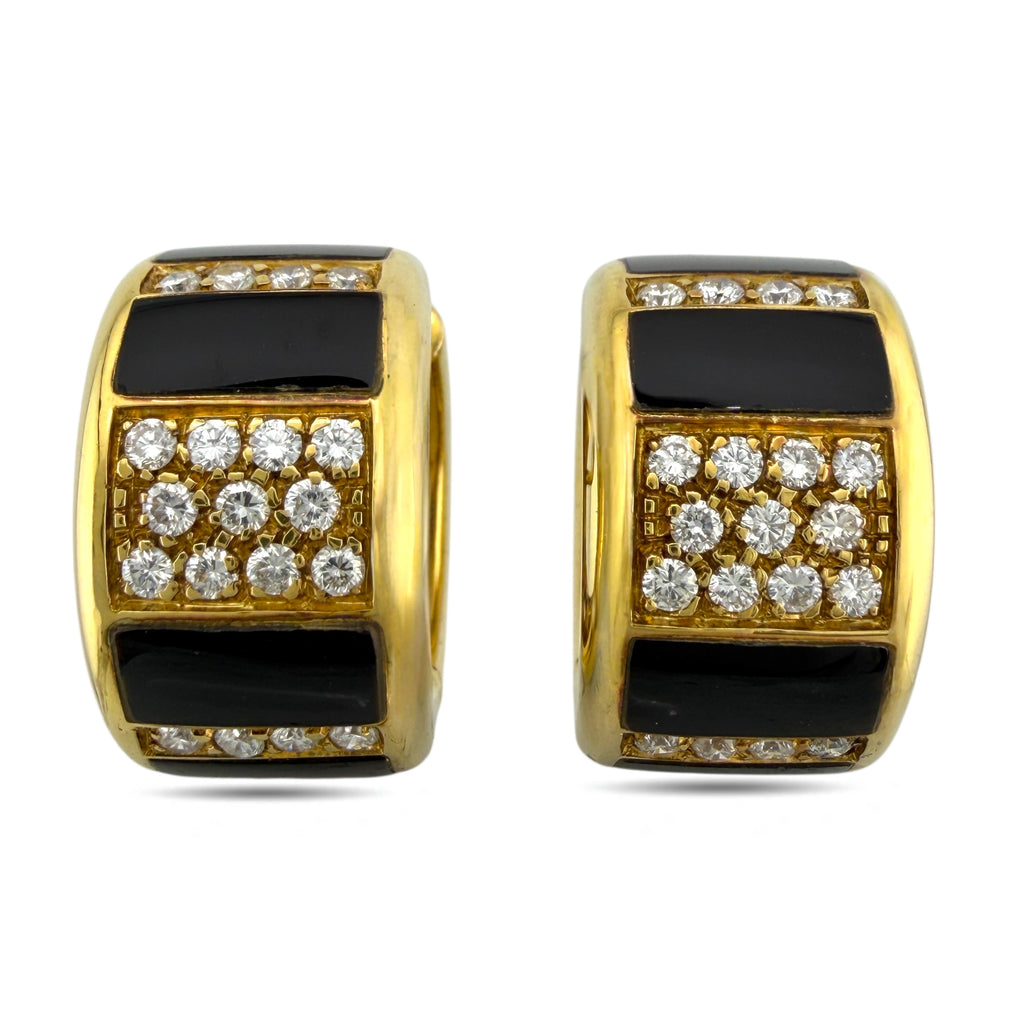 18K Yellow Gold 0.76ct Diamond and Black Enamel Hinged Huggy Earrings