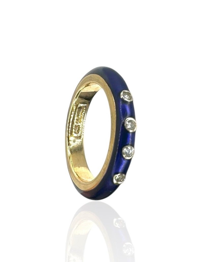 14K Yellow Gold Ring with Diamonds and Blue Enamel
