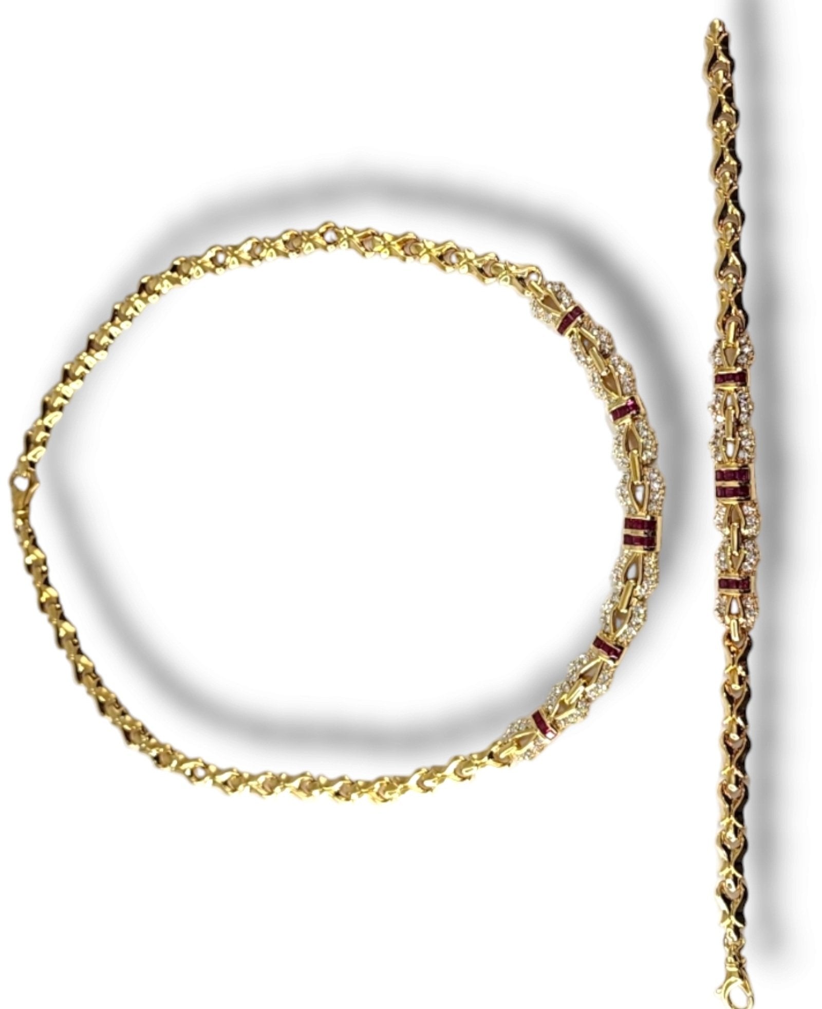 18K Gold Necklace and Bracelet Set with Diamonds and Rubies