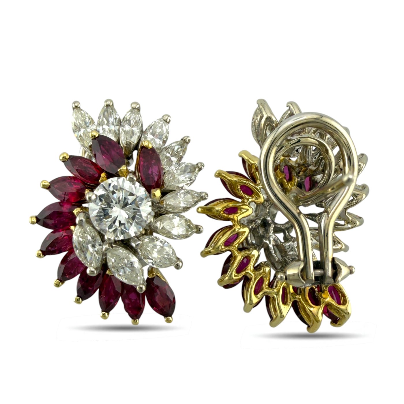 18K White and Yellow Gold 3.2ct Diamond and 1.8ct Ruby Earrings