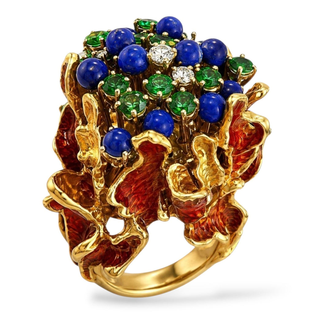 18K Yellow Gold Diamond Emerald Sapphire and Red Enamel Statement Ring
