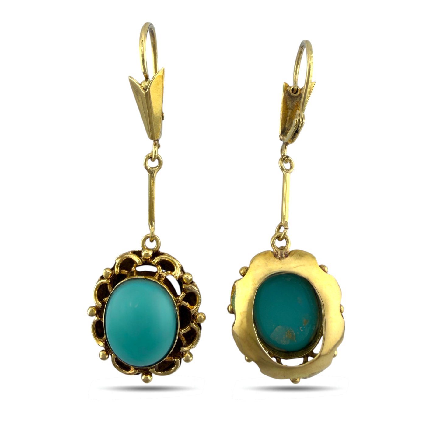 Vintage 14K Yellow Gold Oval Turquoise Drop Earrings