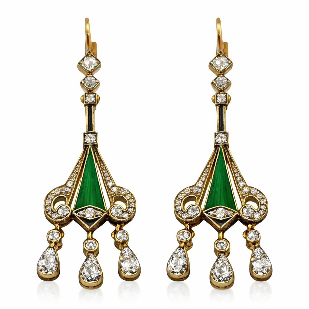 Antique Art Deco 2ct Diamond and Green Enamel Earrings