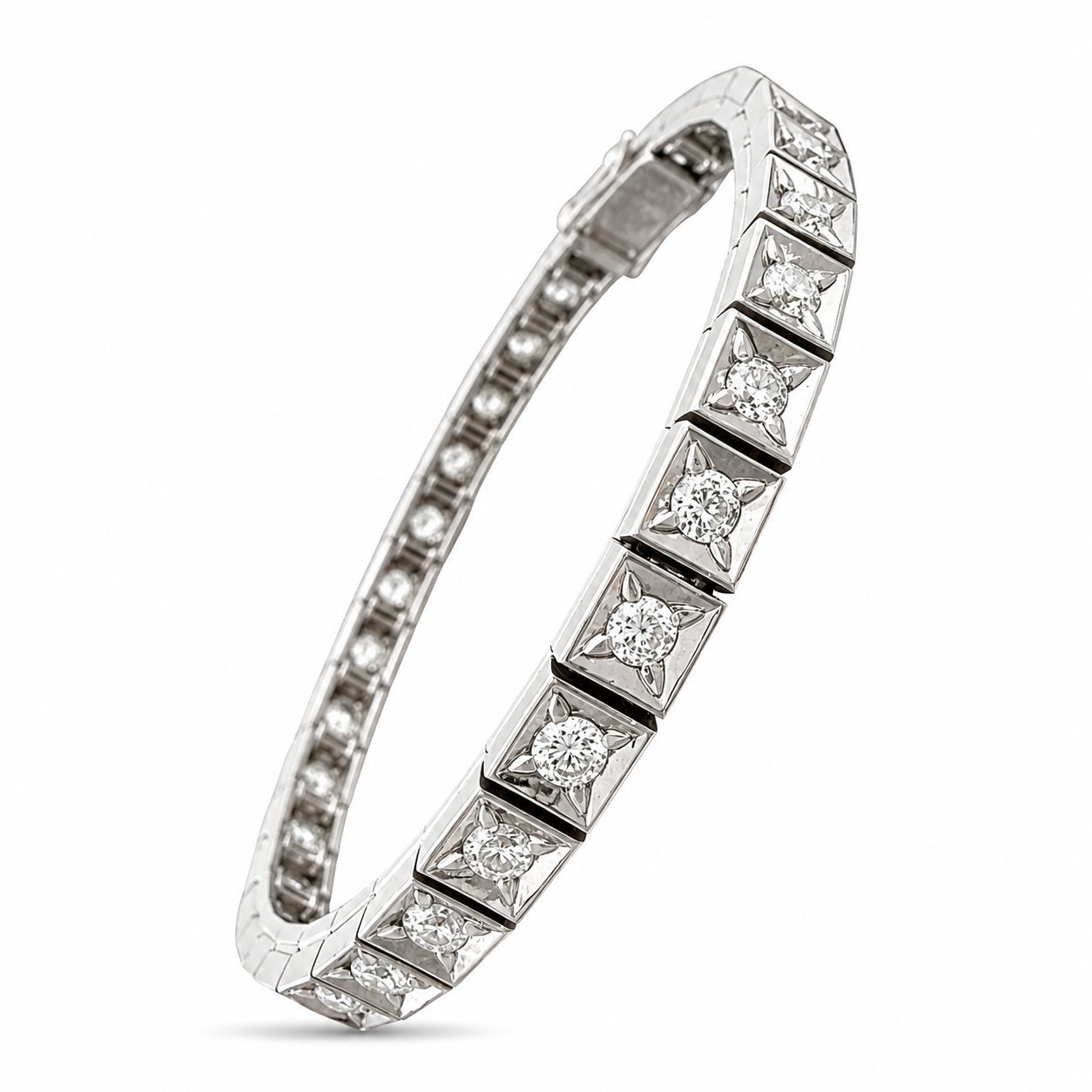 White gold tennis bracelet with square diamond link row, angled view