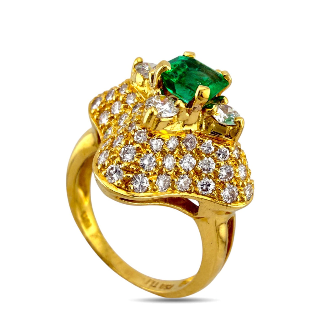 18K Yellow Gold 0.80ct Emerald and 1.08ct Diamond Cocktail Ring
