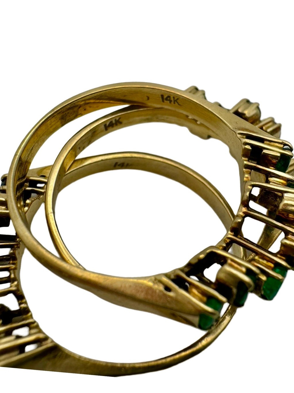 3 Pieces Stackable 14K Gold Interlocking Ring Set with Diamonds, Emeralds and Sapphires