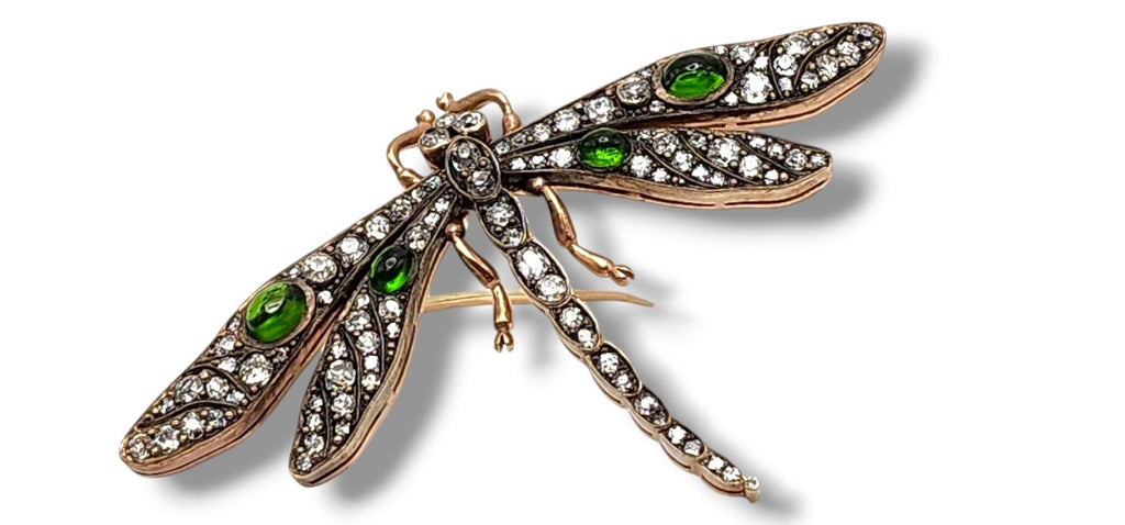Imperial Russian 56K Gold and Diamond Dragonfly Art Nouveau Brooch 2.7ct