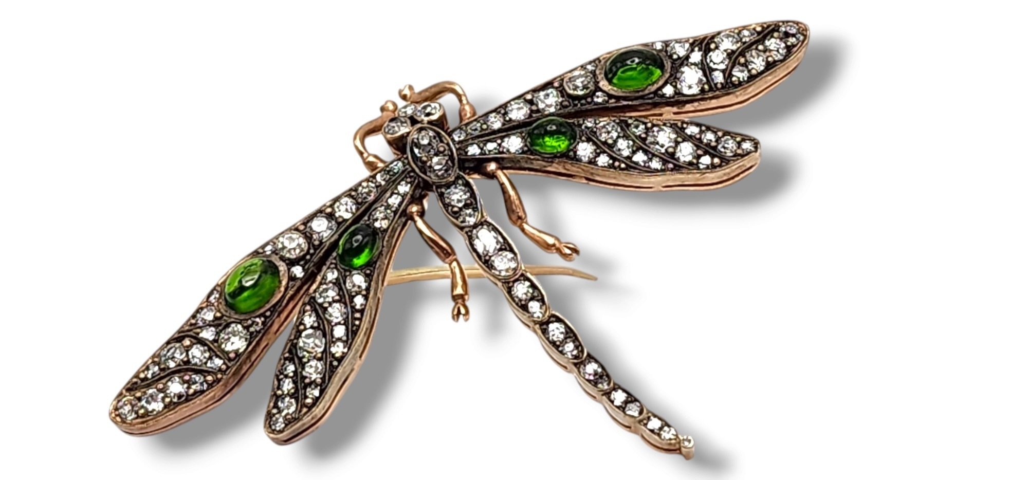 Imperial Russian 56K Gold and Diamond Dragonfly Art Nouveau Brooch 2.7ct