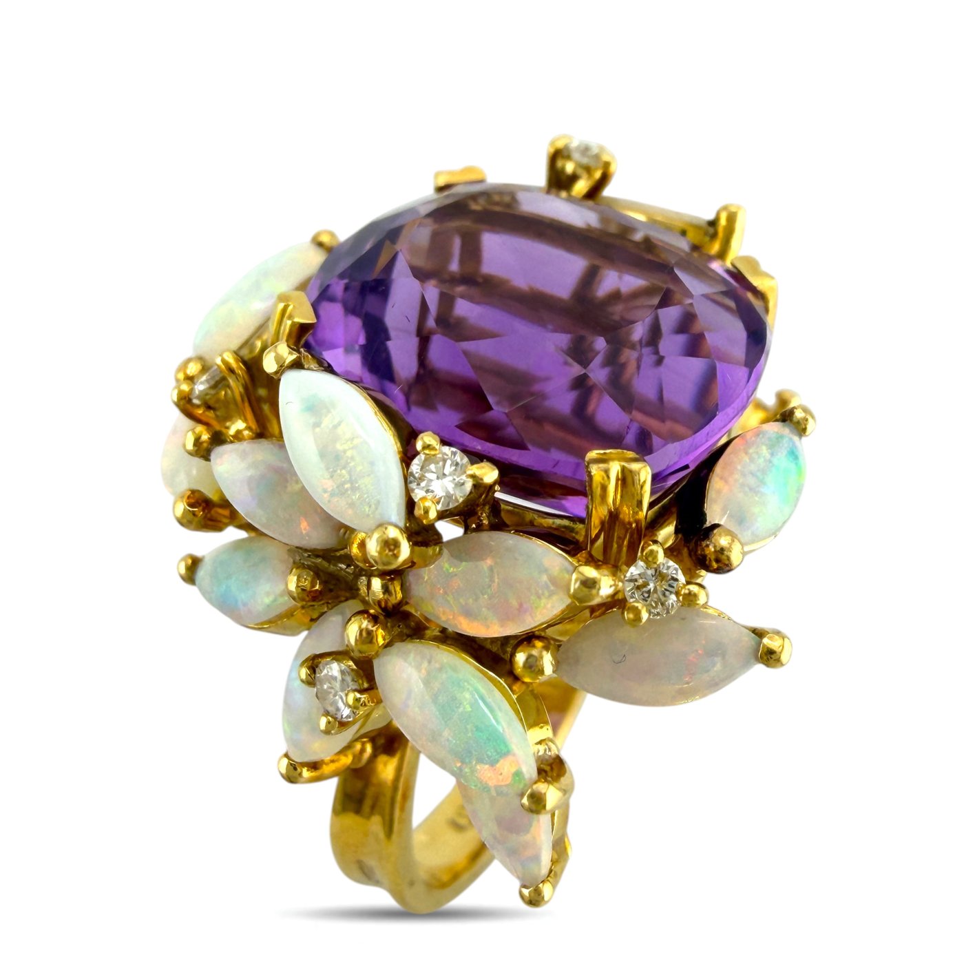18K Yellow Gold 12.00ct Amethyst  0.20ct Diamond & Marquise Cut Opal Ring