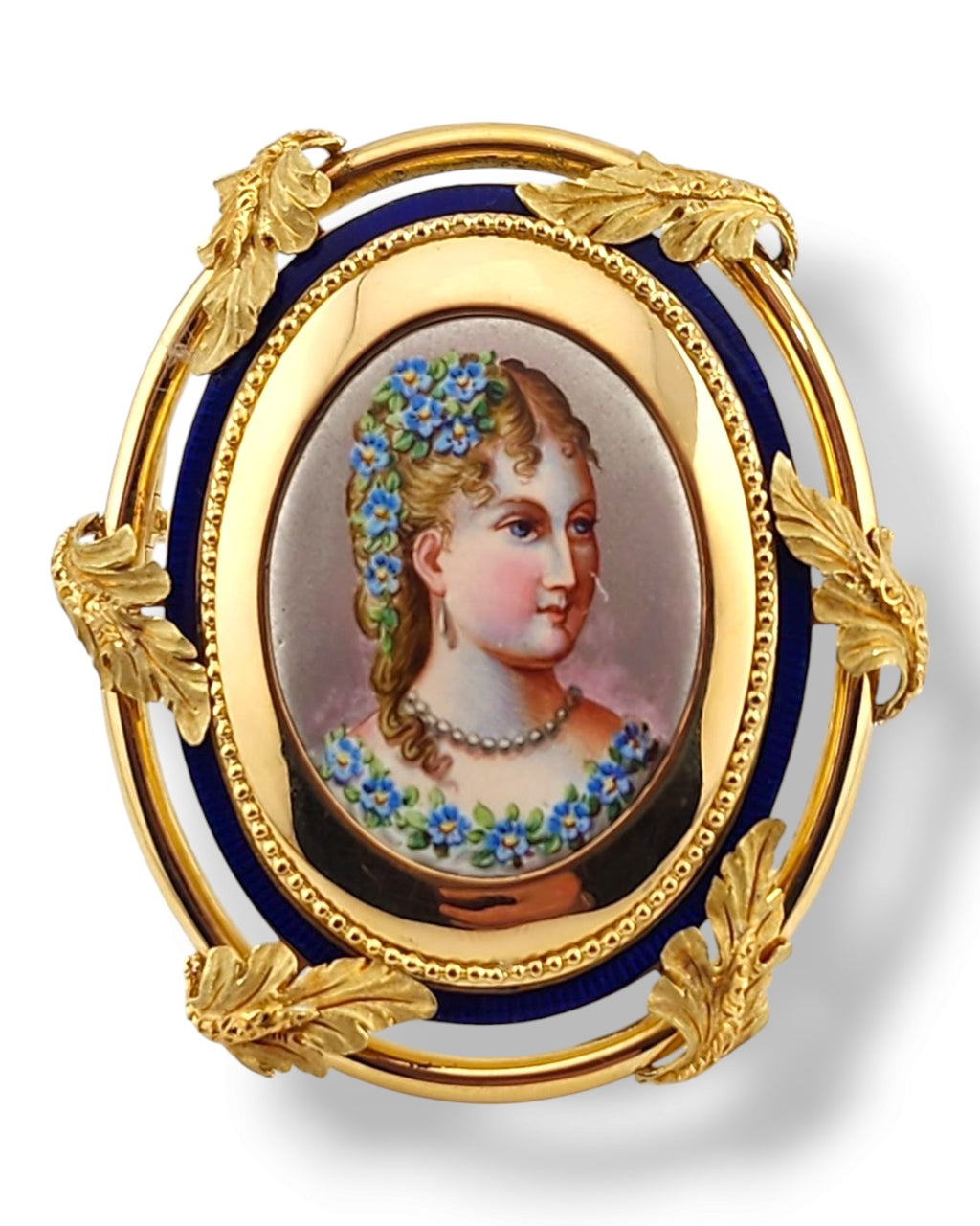 French 19th Century 18K Gold and Enamel Portrait Antique Brooch