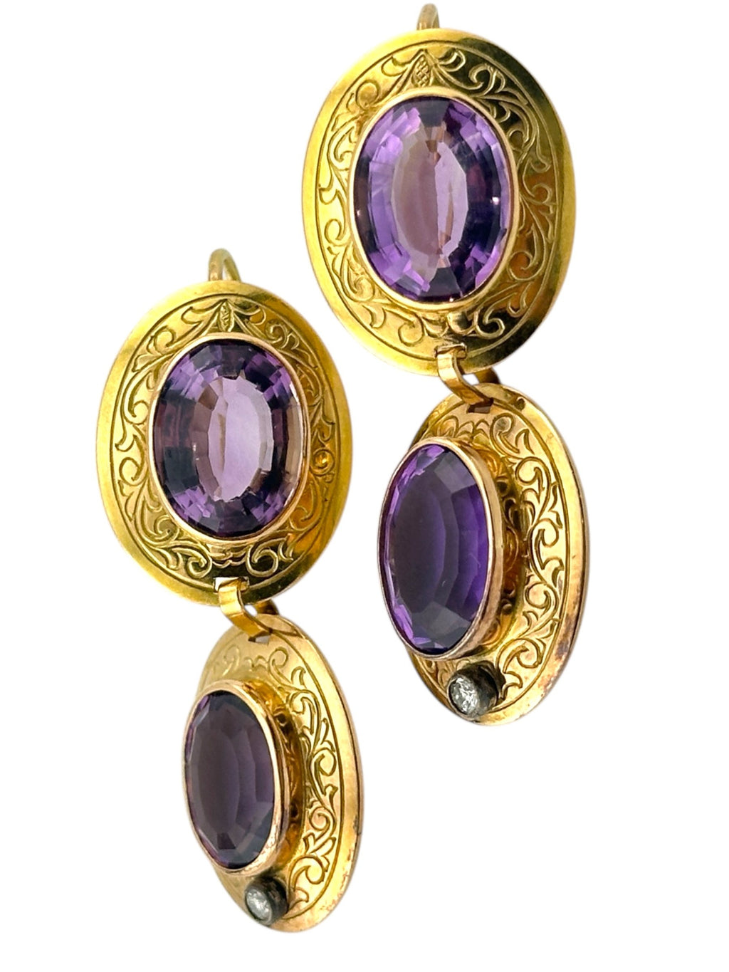 14K Gold Antique Diamond and Regal Amethyst Oval Earrings
