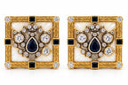 Square gold cufflinks with ornate crest, white enamel, blue stones, and round diamonds