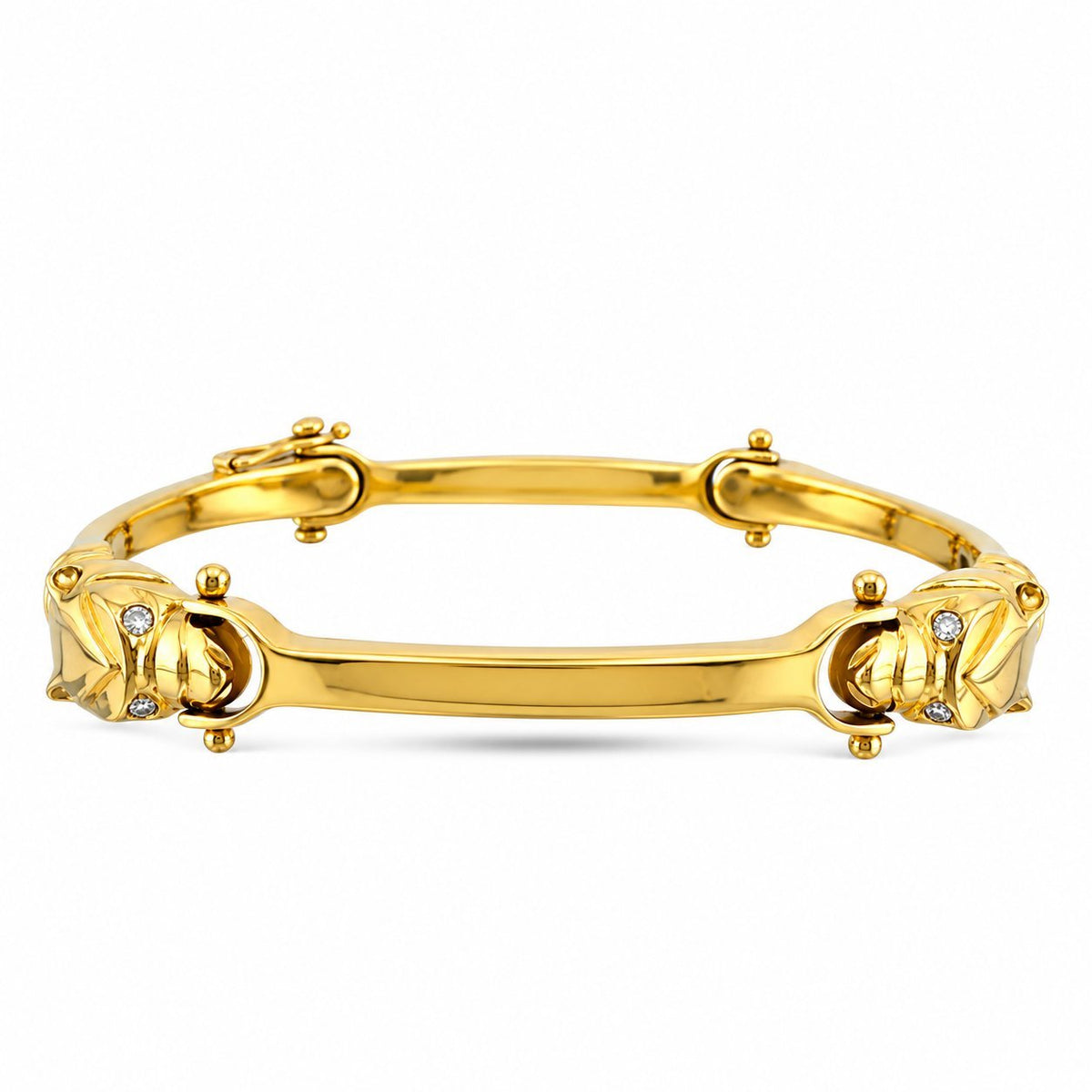 14K yellow gold cheetah head link bracelet, side view with diamond accents