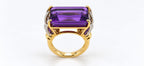 18K yellow gold ring with square amethyst centerpiece and four-prong setting