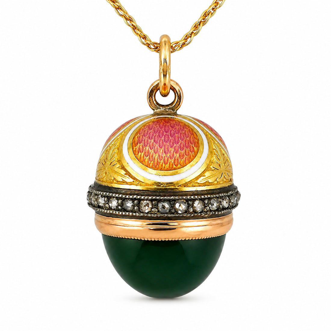 Gold egg pendant on chain with green body, orange top enamel, and jeweled rim.