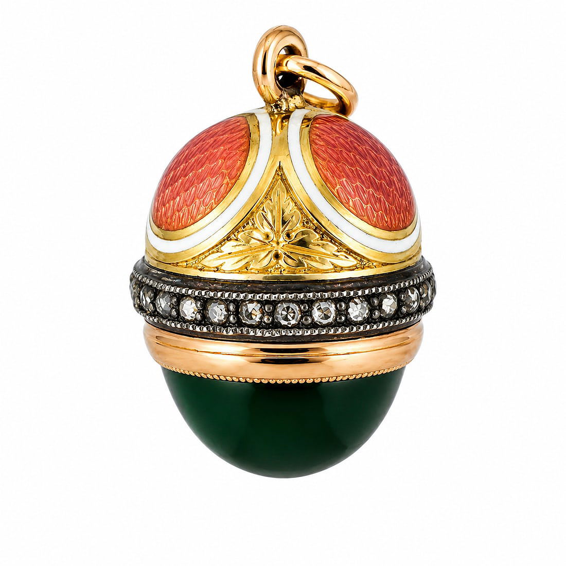 Gold egg pendant with red enamel halves, green base, and jeweled band around rim.