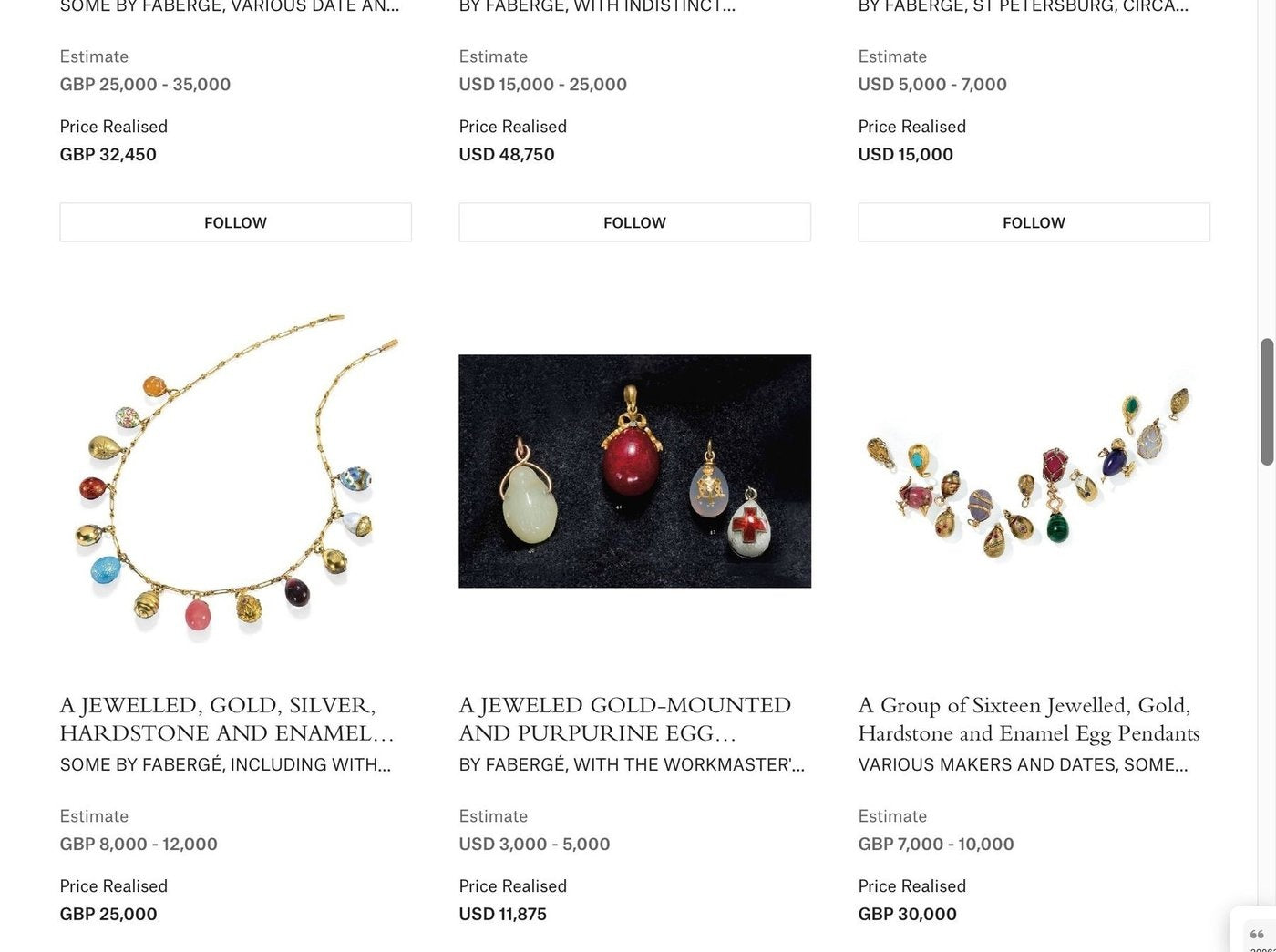 Jeweled egg pendant necklace assortment shown in an auction listing layout.