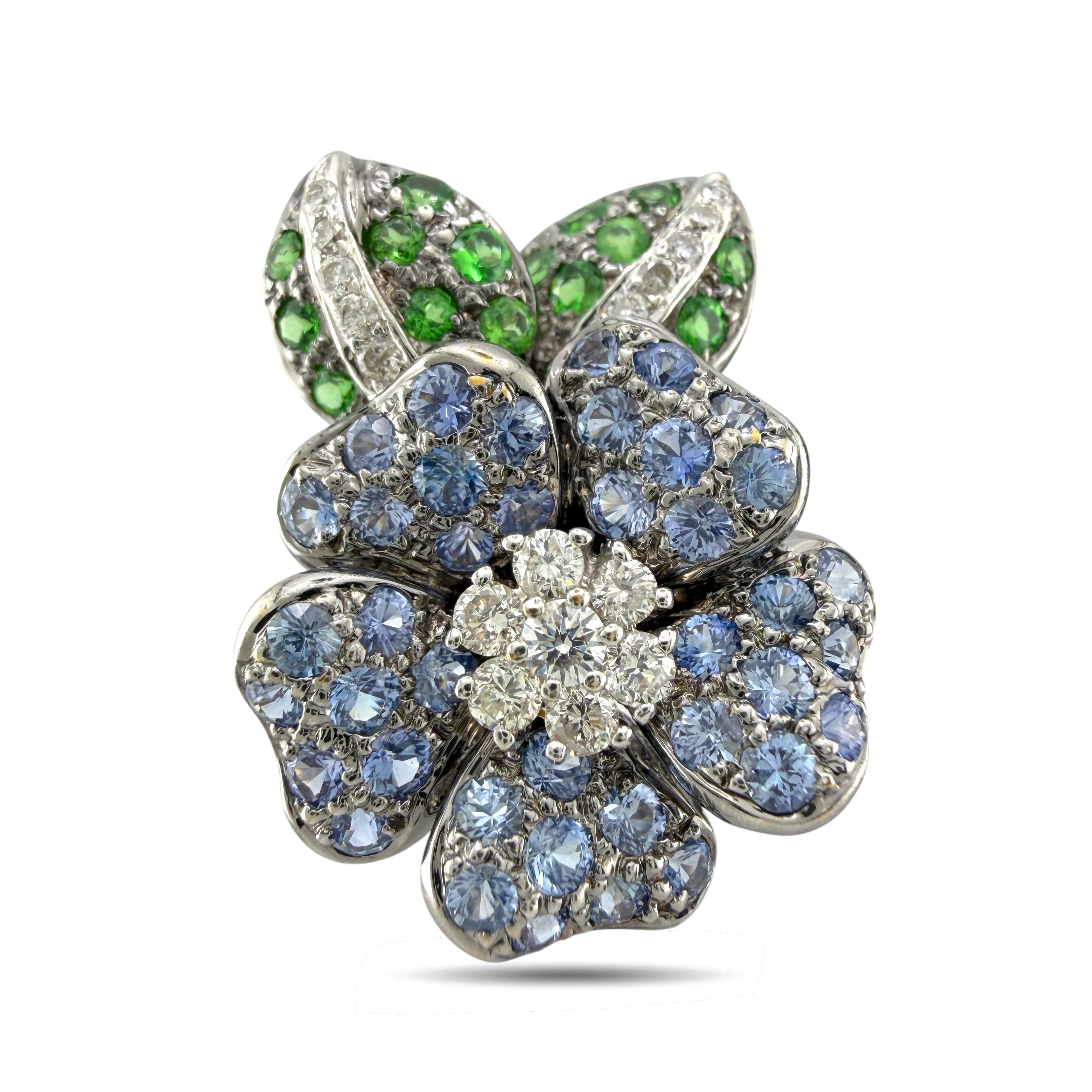 18K White Gold 0.42ct Diamond, Emerald and Sapphire Floral Earrings