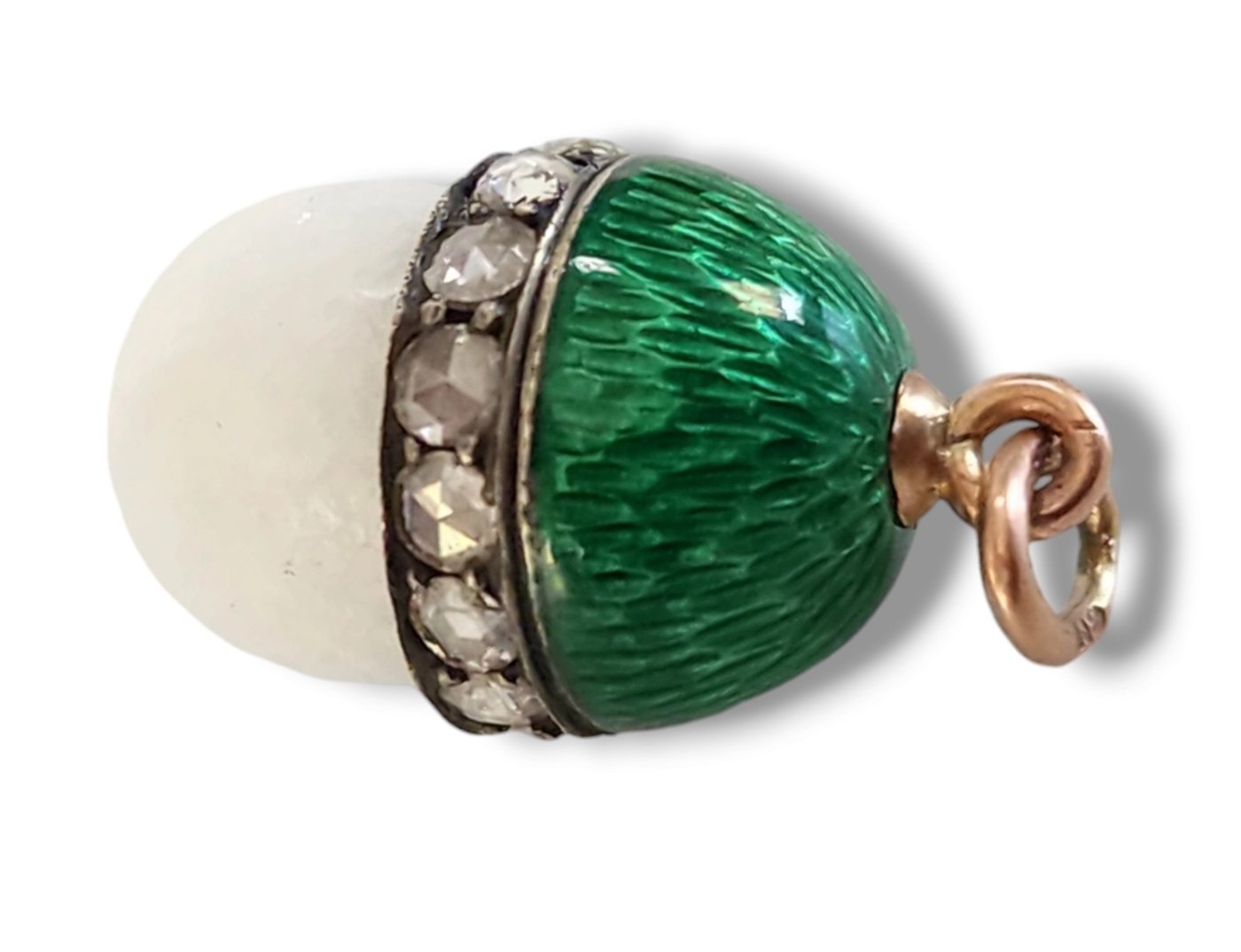 K. Faberge Imperial Russian 56k Gold Diamond and Green Enamel Egg Pendant