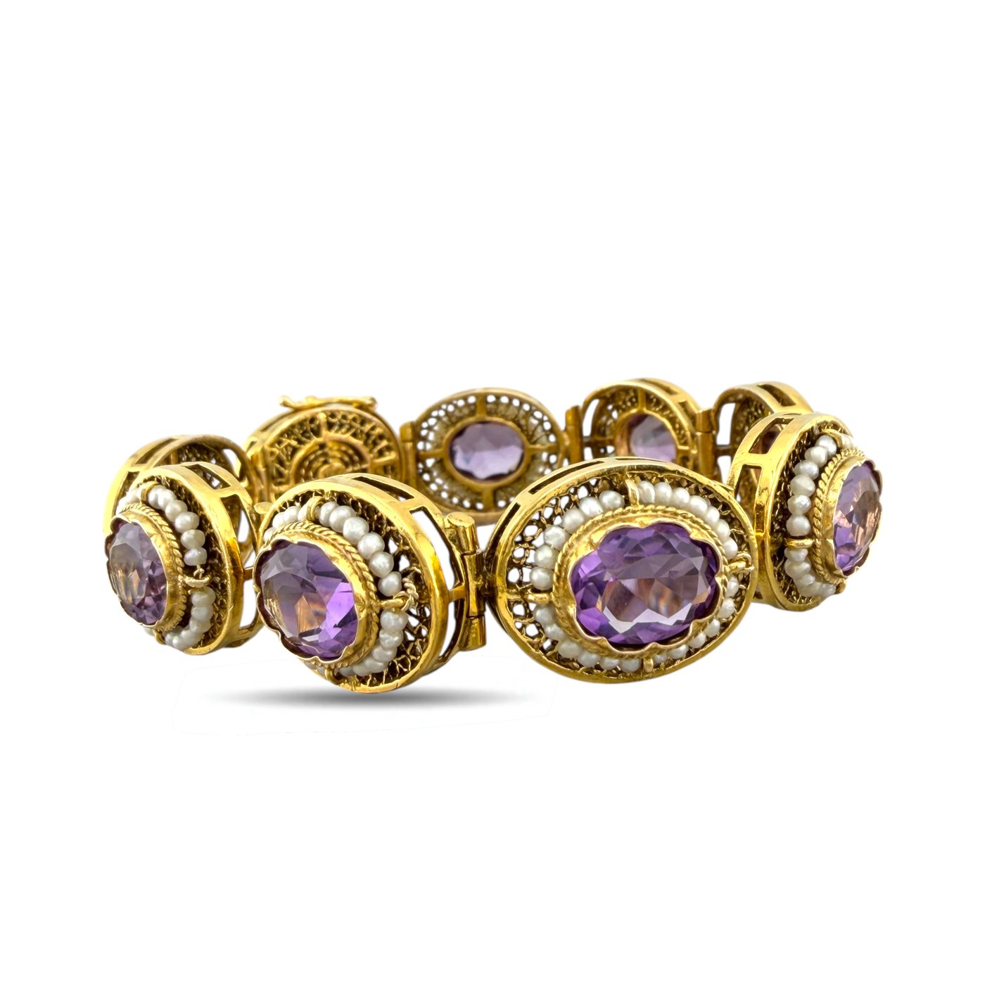 Antique 14K Yellow Gold Amethyst and Pearl Link Bracelet
