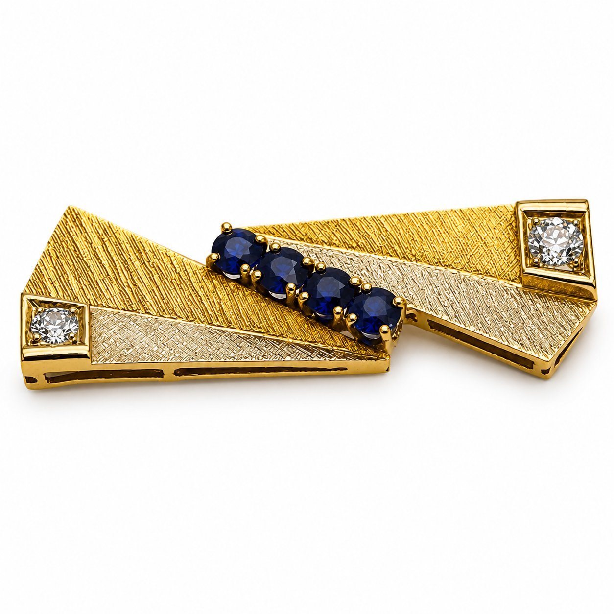 Large 18k Gold Diamond Sapphire Brooch