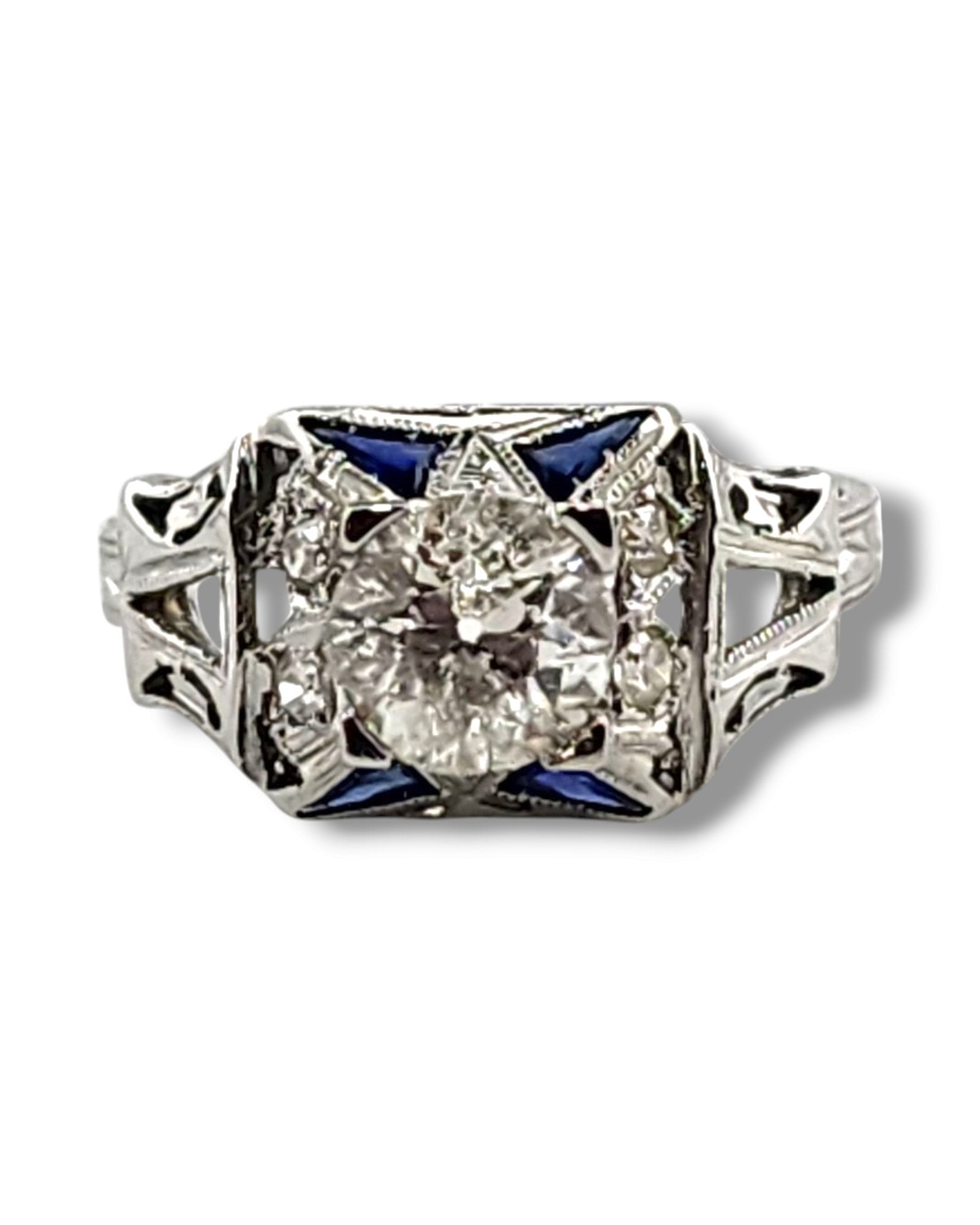 Art Deco 18K White Gold Ring with Large Center Diamond 1ct