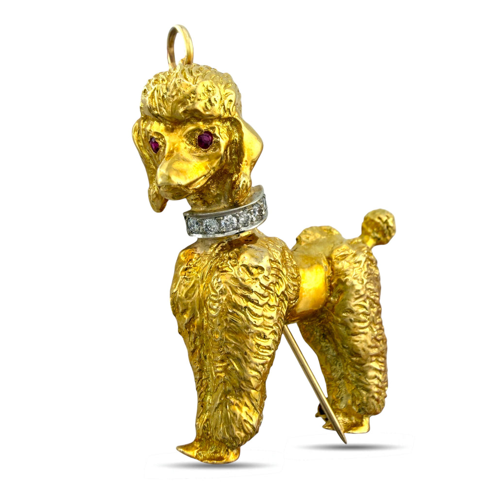 French Poodle Brooch 18K Yellow Gold Diamond Collar and Ruby Eyes