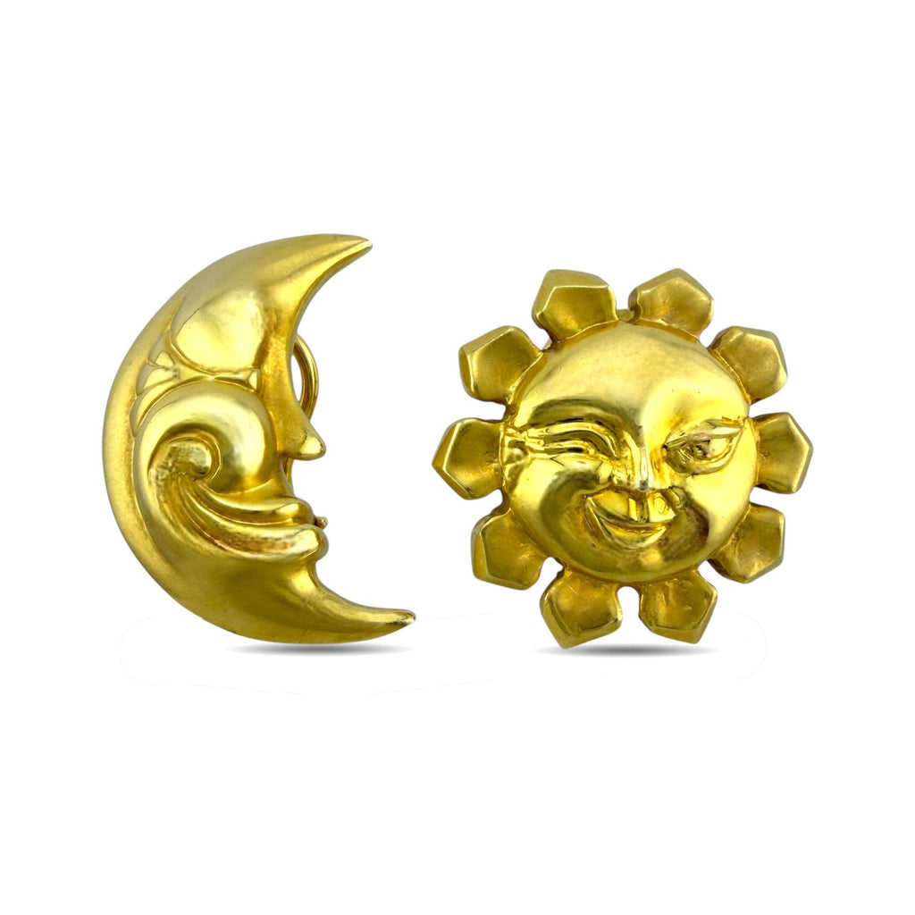 14K Yellow Gold Sun and Moon Sculpted Earrings