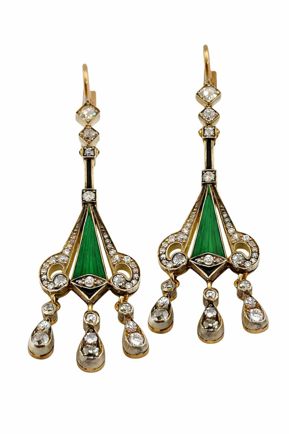 Antique Art Deco 2ct Diamond and Green Enamel Earrings